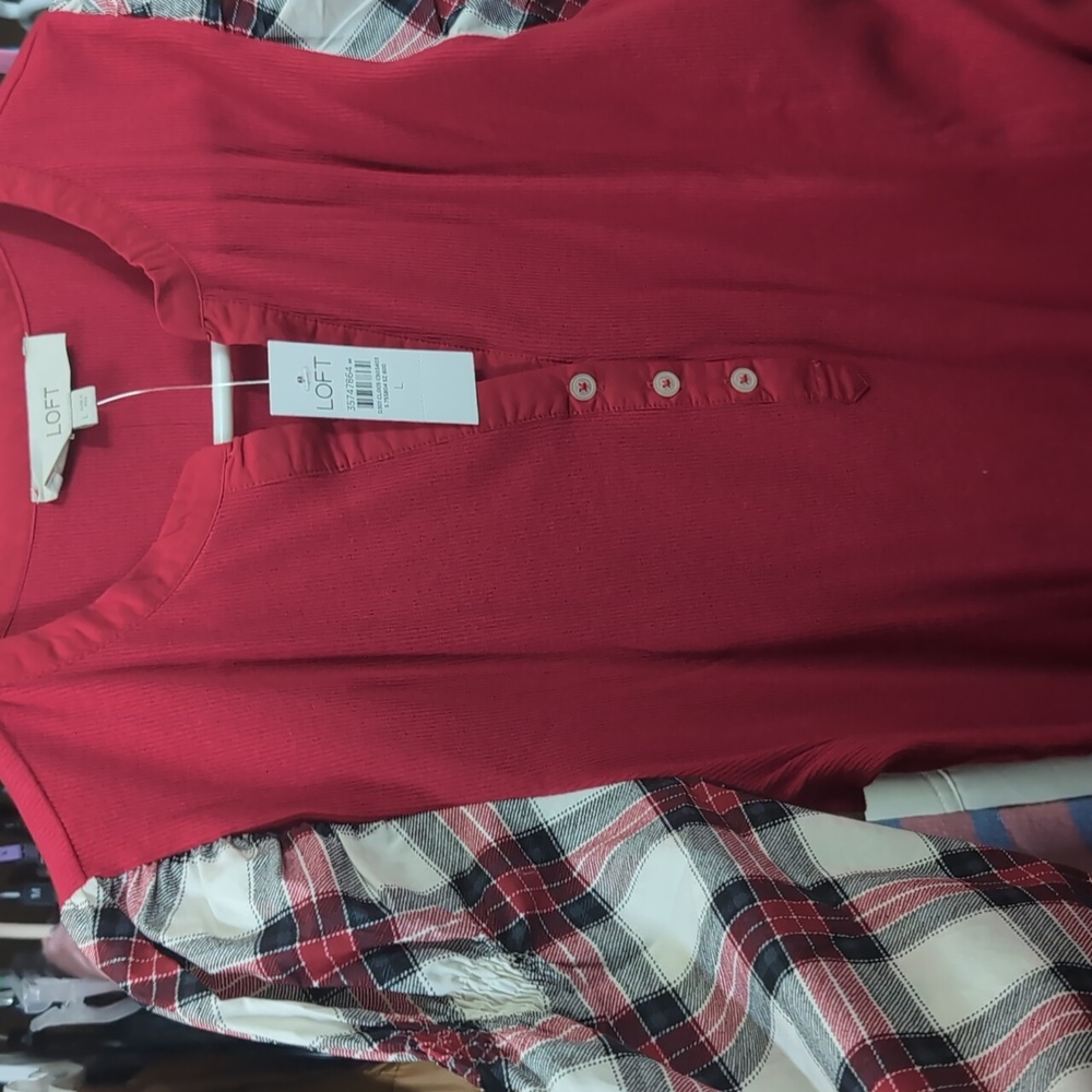 NWT LOFT plaid blouse top red Henley holiday long sleeve large women's - Picture 5 of 9
